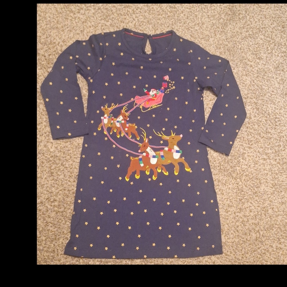 Girls Blue Christmas Santa Reindeer A-Line Long Sleeve Cotton Dress Size 5Y